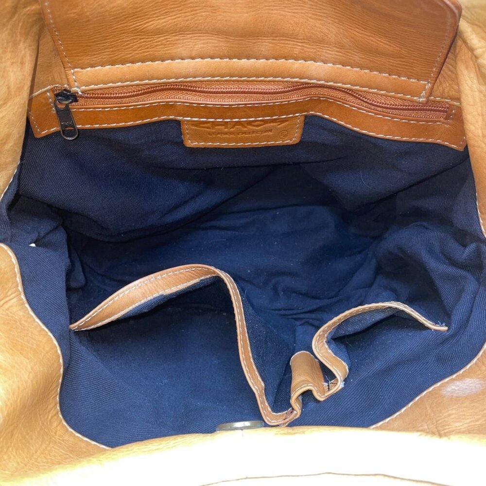 Chaos Tan Leather Crossbody Strap Circular Handles & Snap Closure Tote Bag - Picture 7 of 10